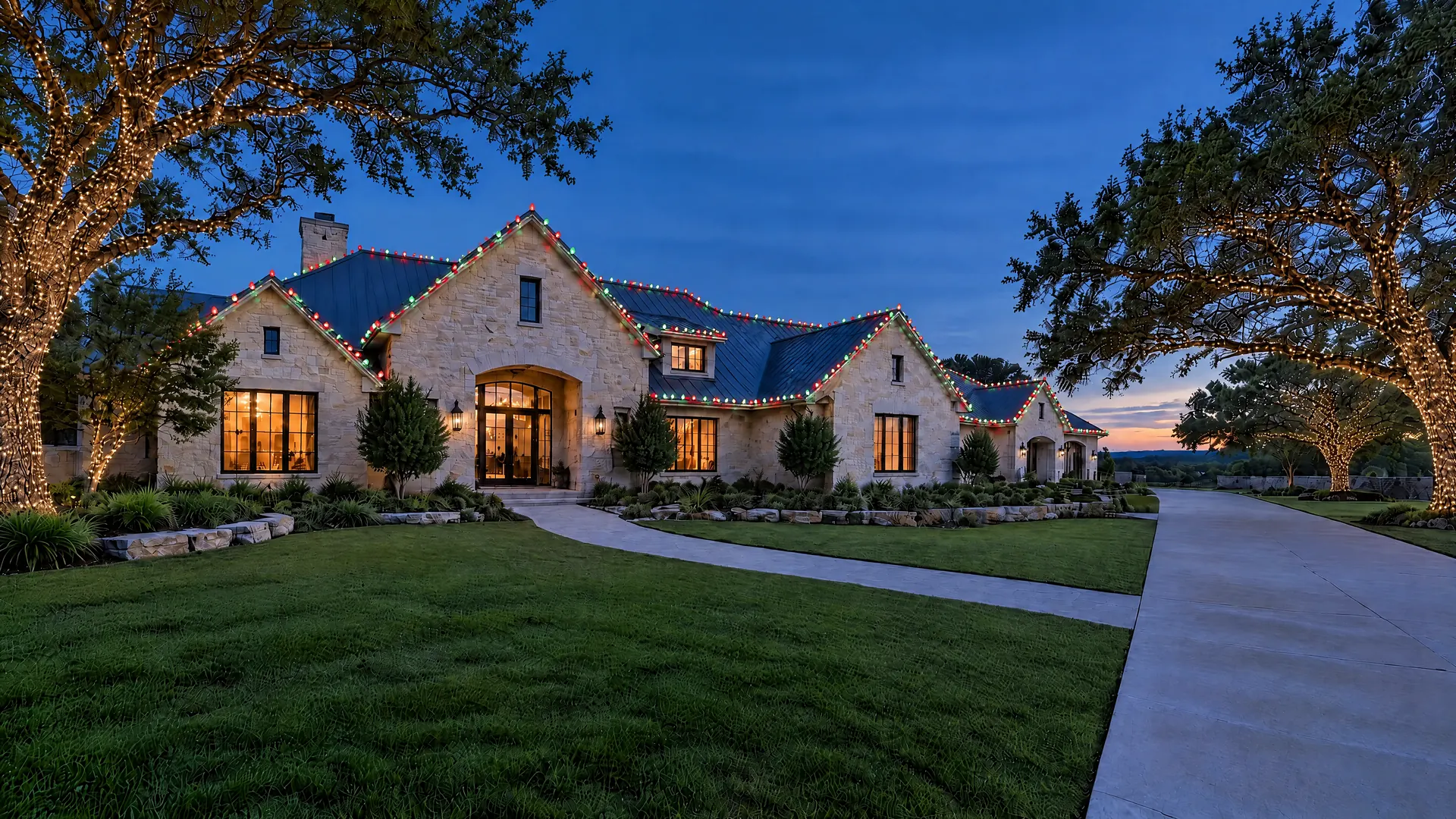A limestone house at blue hour with red and green Christmas lights along every roofline and gable, and the live oaks wrapped in warm white lights.